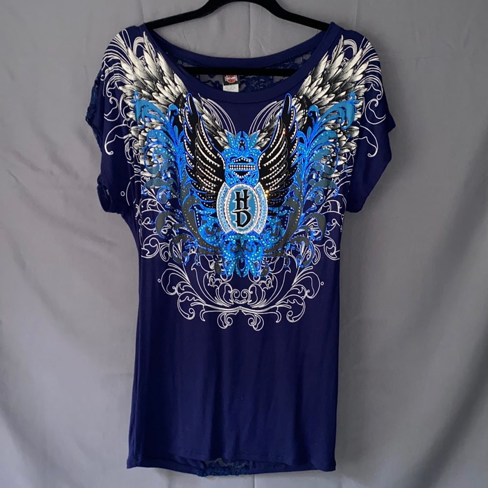 Harley Davidson Rhinestoned Lace Back Tee - NWT